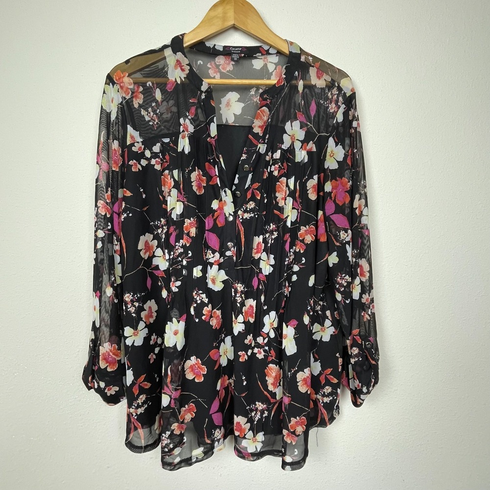 Cocomo Woman Blouse 3X‎ Black Red Floral Print Roll Tab Sleeve Plus Size Career
